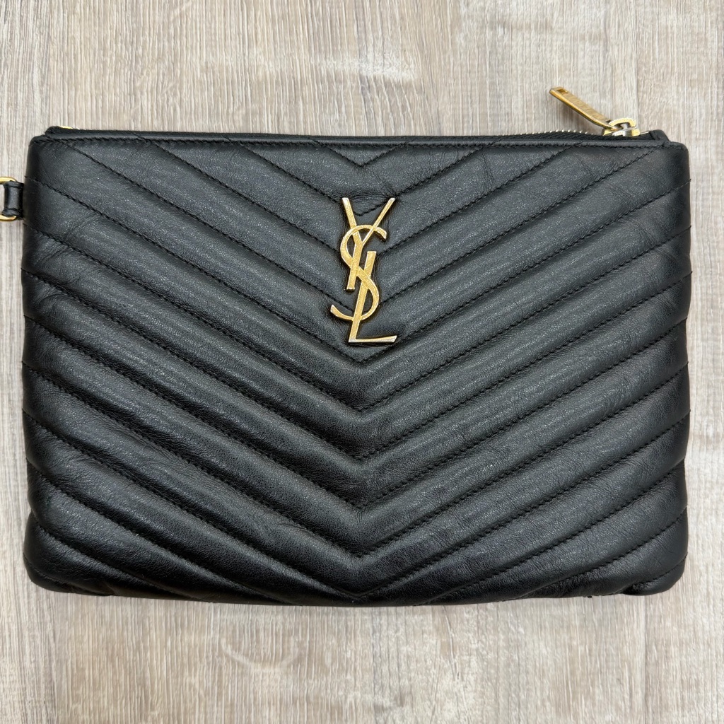 Yves Saint Laurent Black Quilted Clutch With Chunky Gold “Ysl” Logo